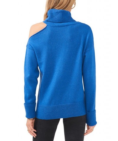 Cold-Shoulder Cuffed Turtleneck Sweater Blue $26.40 Sweaters