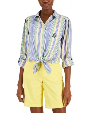 Women's Cotton Striped Tied Roll-Tab Shirt Spinner Stripe- Marina Blue Multi $28.27 Tops