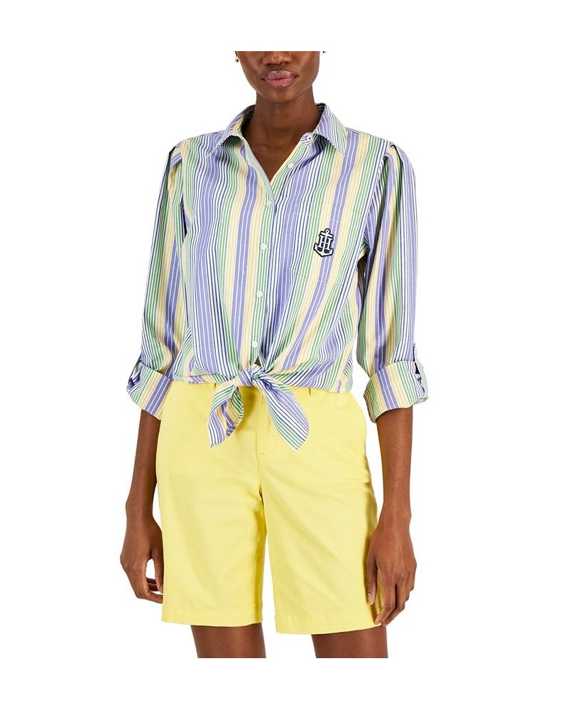 Women's Cotton Striped Tied Roll-Tab Shirt Spinner Stripe- Marina Blue Multi $28.27 Tops