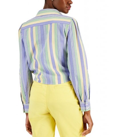 Women's Cotton Striped Tied Roll-Tab Shirt Spinner Stripe- Marina Blue Multi $28.27 Tops