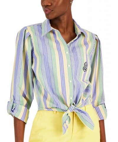 Women's Cotton Striped Tied Roll-Tab Shirt Spinner Stripe- Marina Blue Multi $28.27 Tops