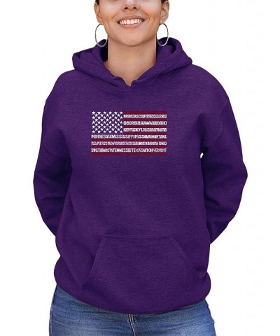 Women's 50 States USA Flag Word Art Hooded Sweatshirt Purple $27.60 Tops