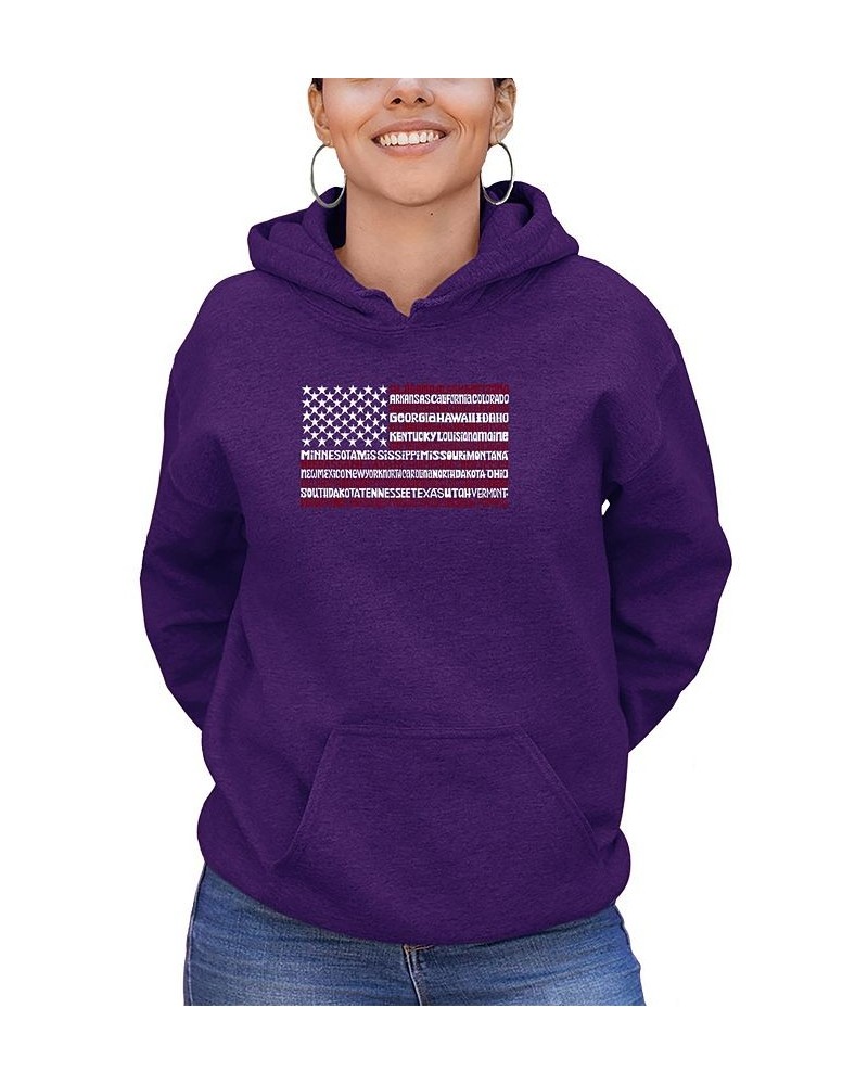 Women's 50 States USA Flag Word Art Hooded Sweatshirt Purple $27.60 Tops