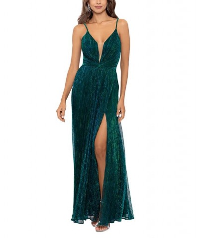 Women's Metallic V-Neck Side-Slit Gown Blue $111.60 Dresses