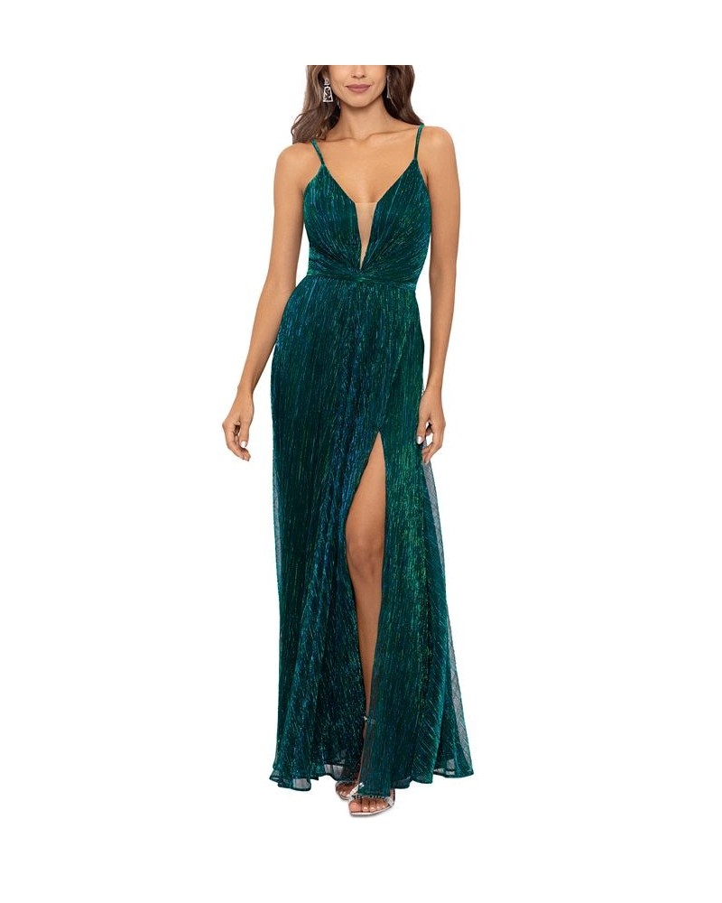 Women's Metallic V-Neck Side-Slit Gown Blue $111.60 Dresses