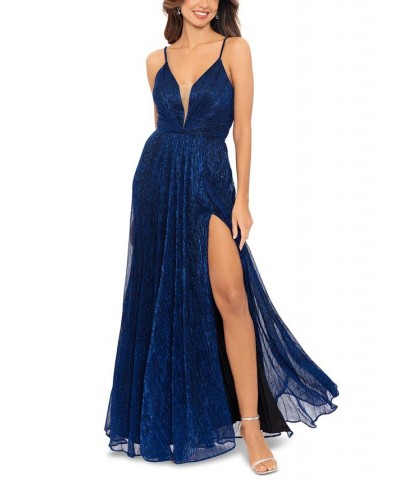 Women's Metallic V-Neck Side-Slit Gown Blue $111.60 Dresses