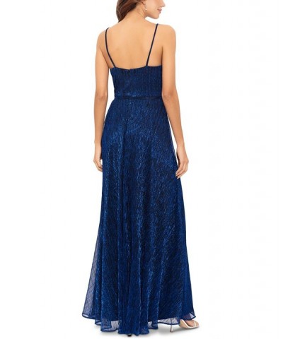 Women's Metallic V-Neck Side-Slit Gown Blue $111.60 Dresses