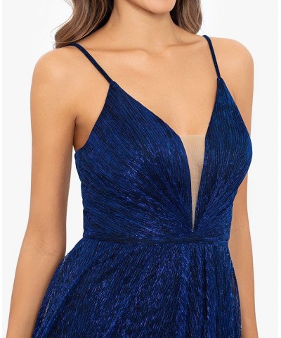 Women's Metallic V-Neck Side-Slit Gown Blue $111.60 Dresses