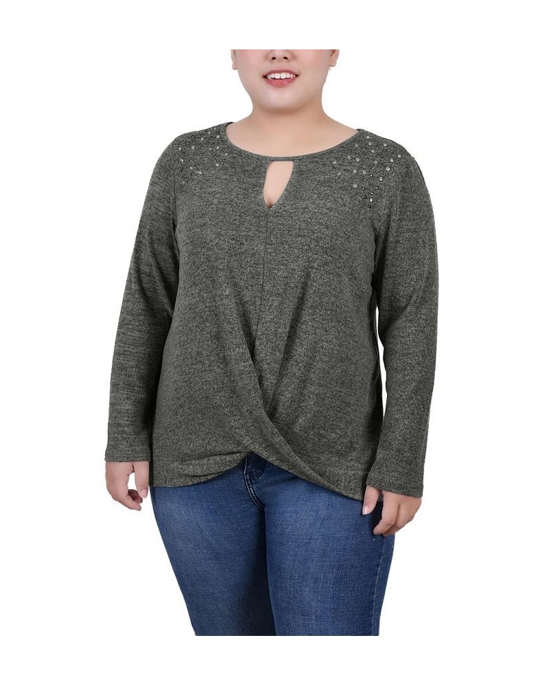 Plus Size Long Sleeve Knit Keyhole Top with Studs Green $16.35 Tops
