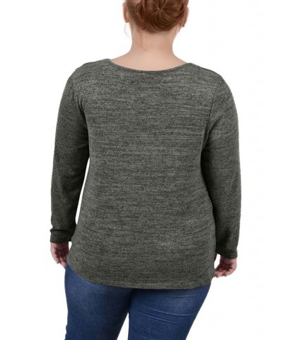 Plus Size Long Sleeve Knit Keyhole Top with Studs Green $16.35 Tops