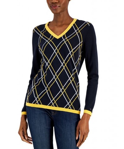 Women's Cotton V-Neck Sweater Sky Captain/ Deep Maize/ Bright White $20.68 Sweaters