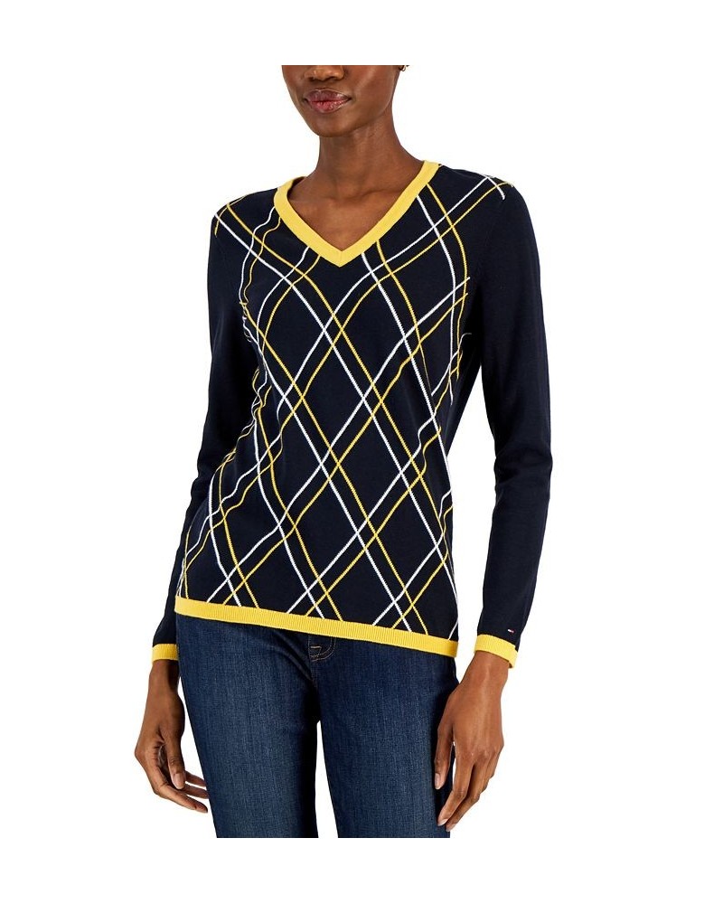 Women's Cotton V-Neck Sweater Sky Captain/ Deep Maize/ Bright White $20.68 Sweaters