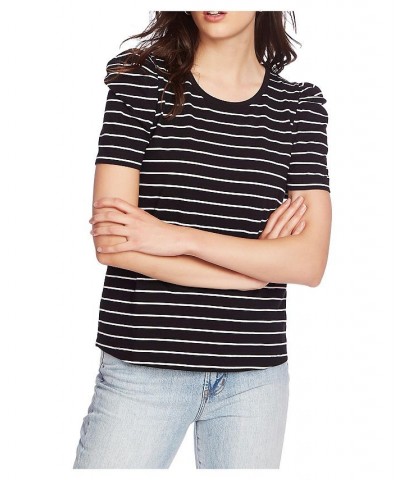 Women's Short Sleeve Classic Stripe Puff Sleeve T-shirt Rich Black $31.27 Tops