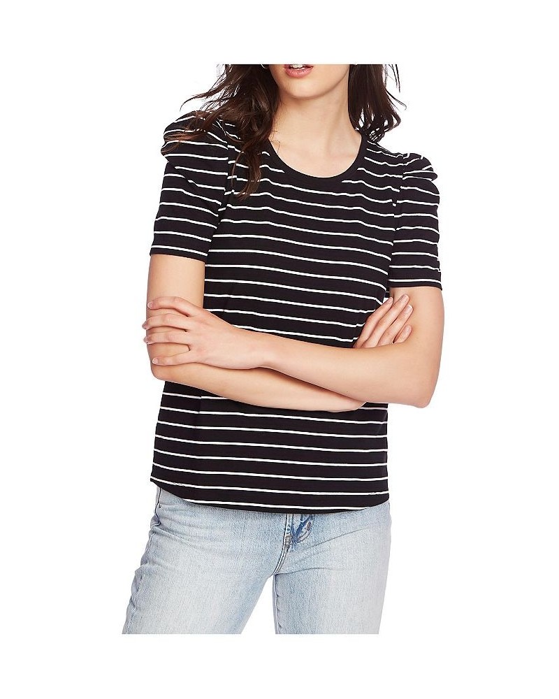 Women's Short Sleeve Classic Stripe Puff Sleeve T-shirt Rich Black $31.27 Tops