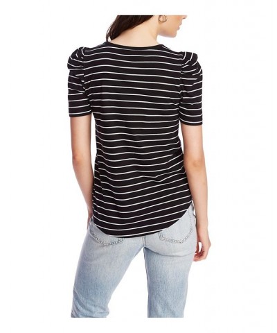 Women's Short Sleeve Classic Stripe Puff Sleeve T-shirt Rich Black $31.27 Tops