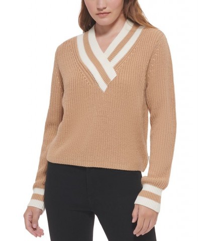 Women's Striped V-Neck Knit Top Tan/Beige $27.86 Sweaters