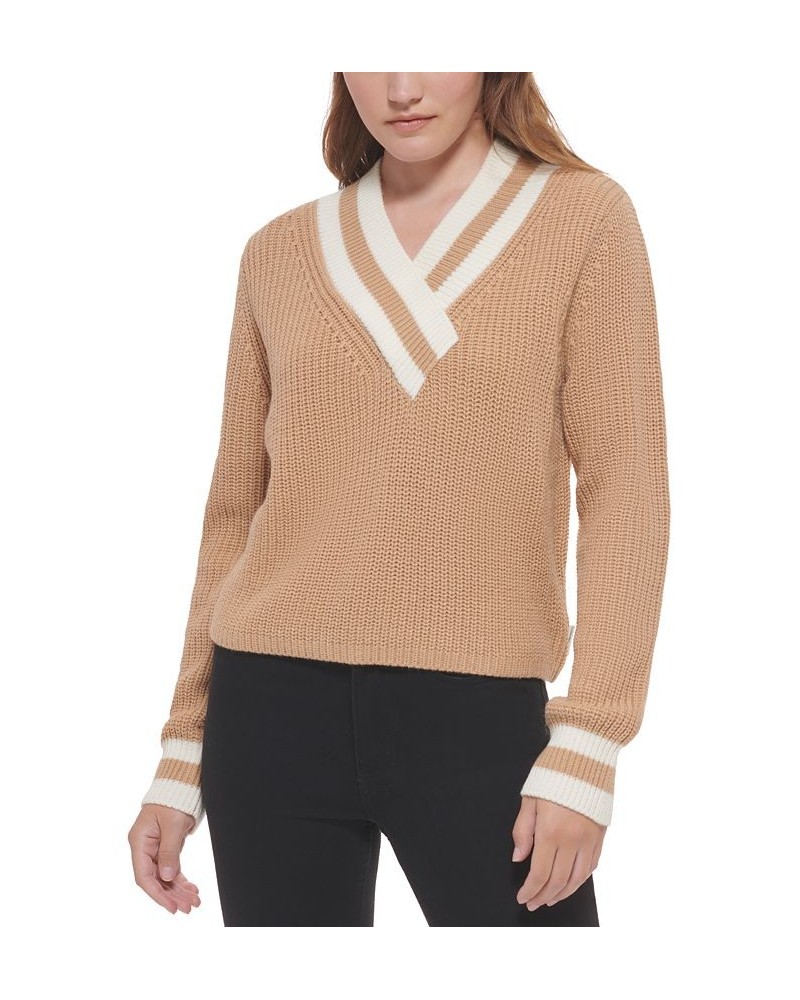 Women's Striped V-Neck Knit Top Tan/Beige $27.86 Sweaters