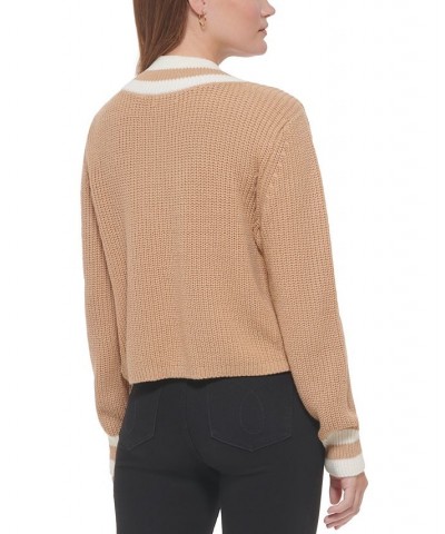 Women's Striped V-Neck Knit Top Tan/Beige $27.86 Sweaters