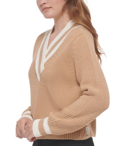 Women's Striped V-Neck Knit Top Tan/Beige $27.86 Sweaters