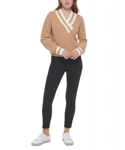 Women's Striped V-Neck Knit Top Tan/Beige $27.86 Sweaters