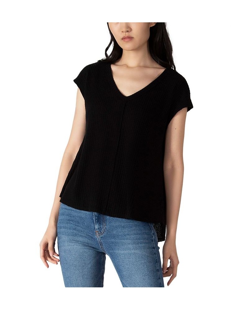 Women's V-Neck Waffle-Knit Top Black $27.44 Tops