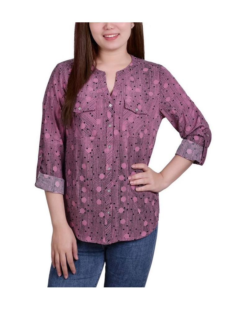 Women's 3/4 Roll Tab Sleeve Mandarin Collar Blouse Lilas Nursdots $13.44 Tops