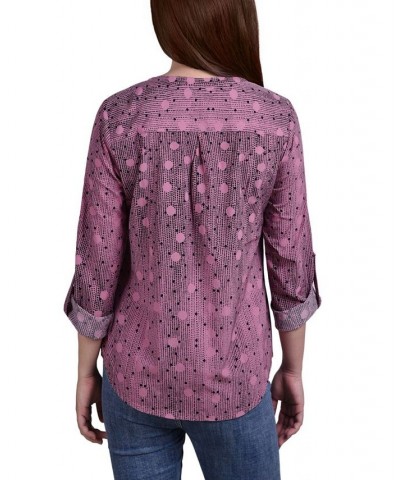 Women's 3/4 Roll Tab Sleeve Mandarin Collar Blouse Lilas Nursdots $13.44 Tops