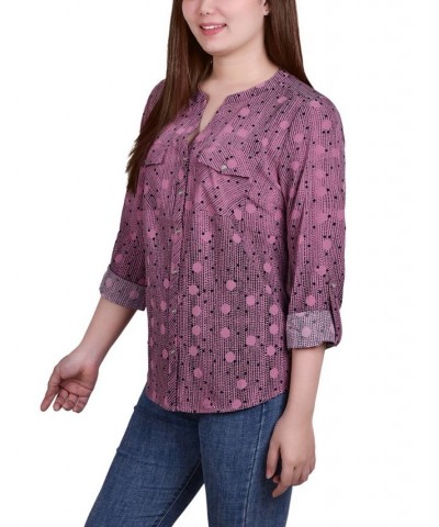 Women's 3/4 Roll Tab Sleeve Mandarin Collar Blouse Lilas Nursdots $13.44 Tops