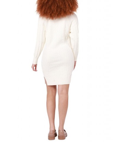 Women's Long Sleeve V-Neck Cable-Knit Sweater Dress Cream $37.92 Dresses