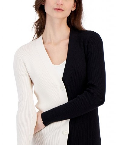 Women's Colorblocked Ribbed Cardigan Sweater Black $35.39 Sweaters