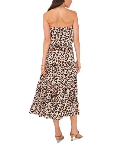 Women's Strapless Smocked-Waist Tiered Maxi Dress Cover-Up Ivory/Brown/Black $43.45 Swimsuits