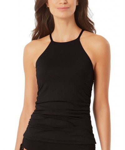 Women's High-Neck Shirred Tankini Top Black $29.40 Swimsuits