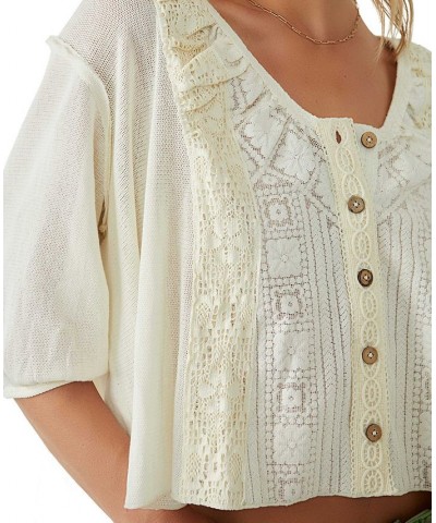 Women's Mae Crochet Trim Button-Front Cotton Top Ivory $48.60 Tops