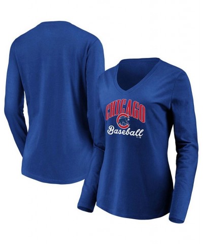 Women's Royal Chicago Cubs Victory Script V-Neck Long Sleeve T-shirt Royal $22.50 Tops
