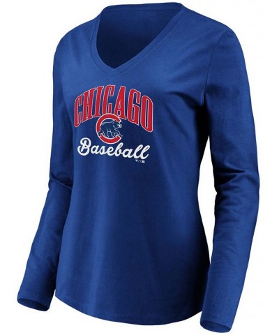Women's Royal Chicago Cubs Victory Script V-Neck Long Sleeve T-shirt Royal $22.50 Tops